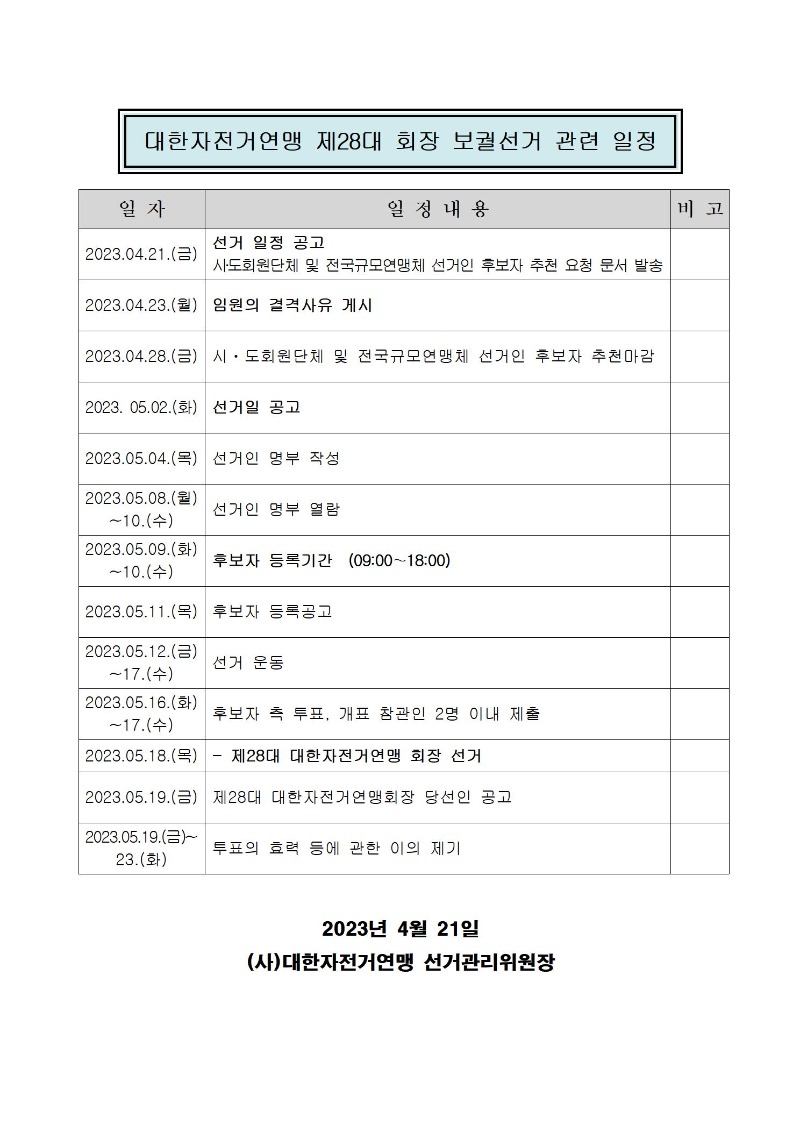 대한자전거연맹 제28대 회장 보궐선거 관련 일정 공고001.jpg